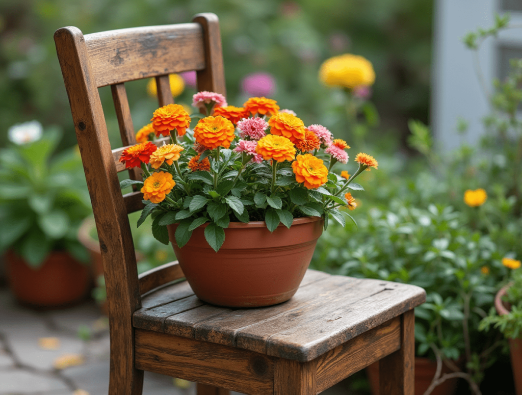 Chair Planter: Remove the seat from an old wooden chair and replace with a pot of flowers