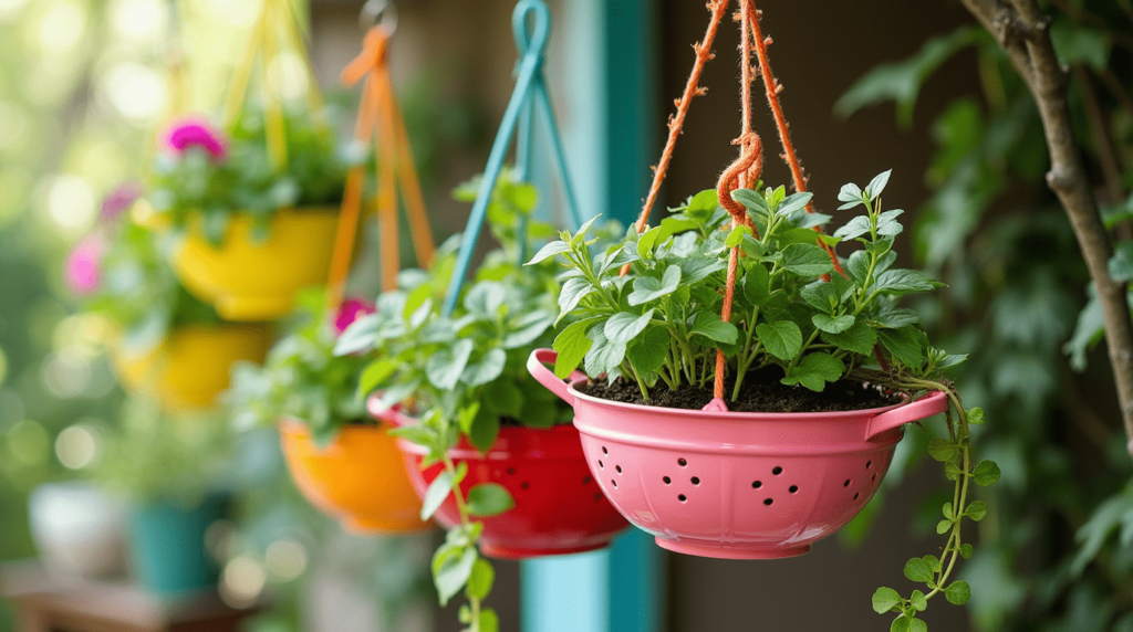 Colander Hanging Planters: Hang colorful colanders filled with trailing plants