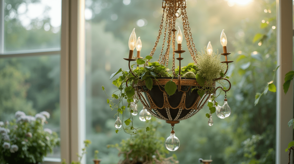 Chandelier Planter: Remove electrical components and plant in the decorative frame